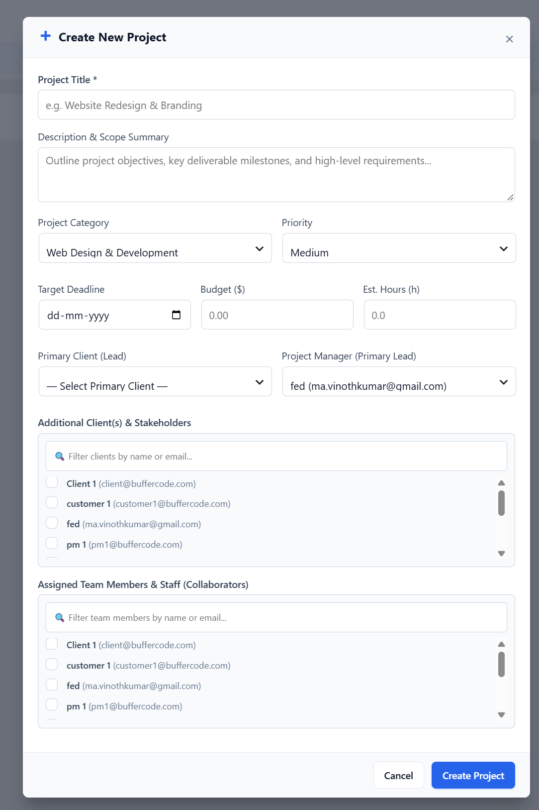 Create Project Modal in WorkFuz