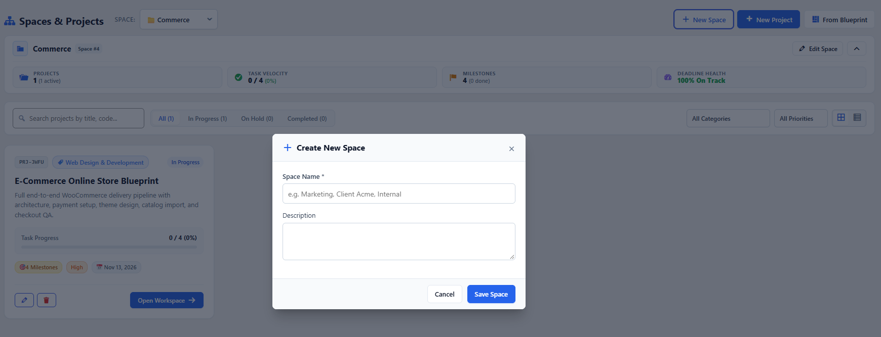 Create Space Modal in WorkFuz