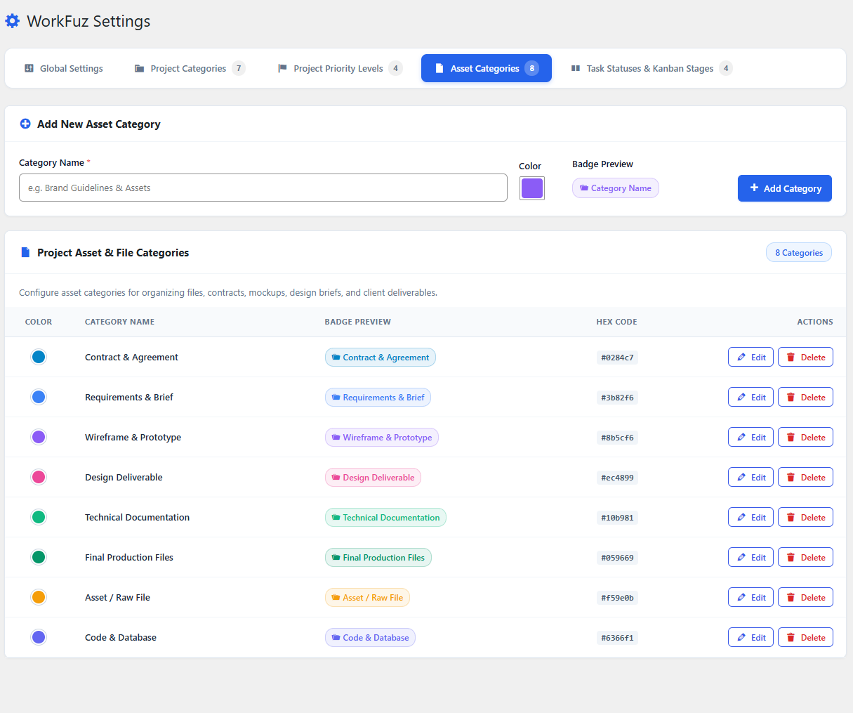Settings: Asset and File Categories