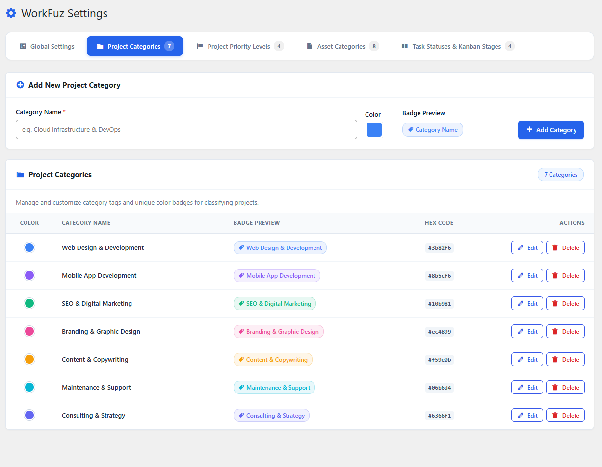 Settings: Project Categories