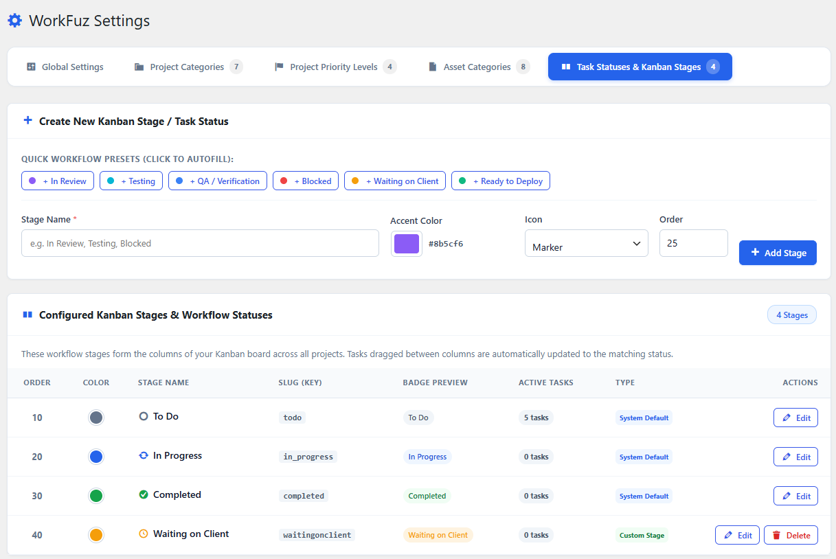 Settings: Task Statuses and Kanban Stages